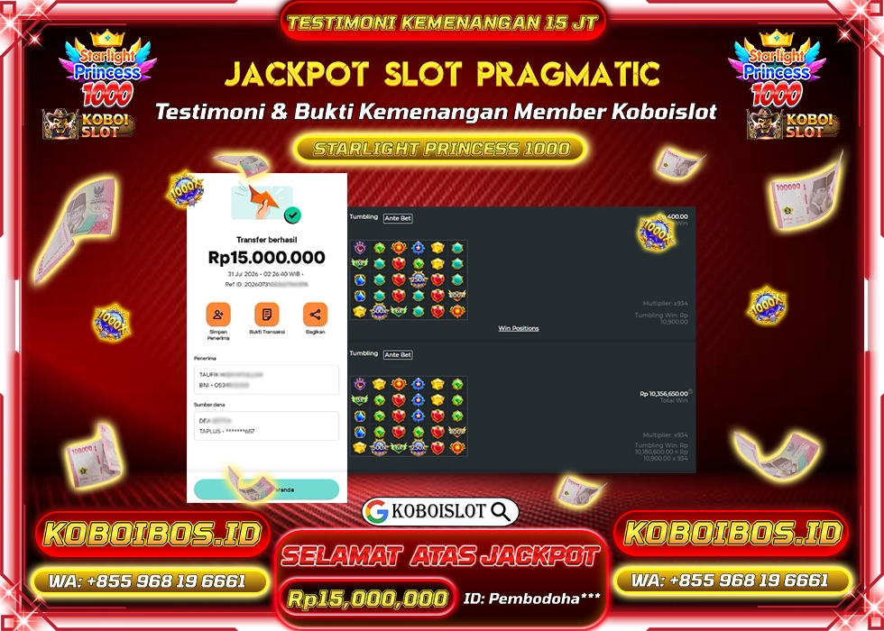 BUKTI KEMENANGAN ID Pembodoha*** SLOT GACOR STARLIGHT PRINCESS 1000 Rp15.000.000,- LUNAS